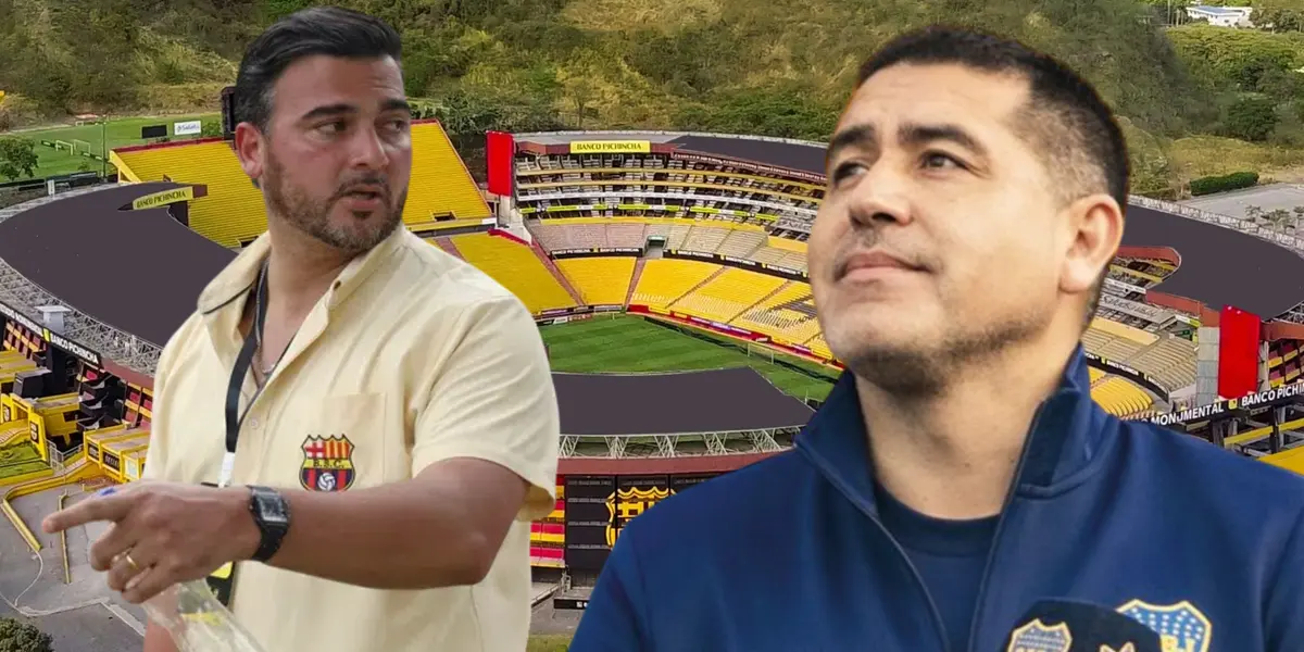 Antonio Álvarez y Juan Román Riquelme (Foto tomada de: Barcelona SC/API/Boca Juniors)