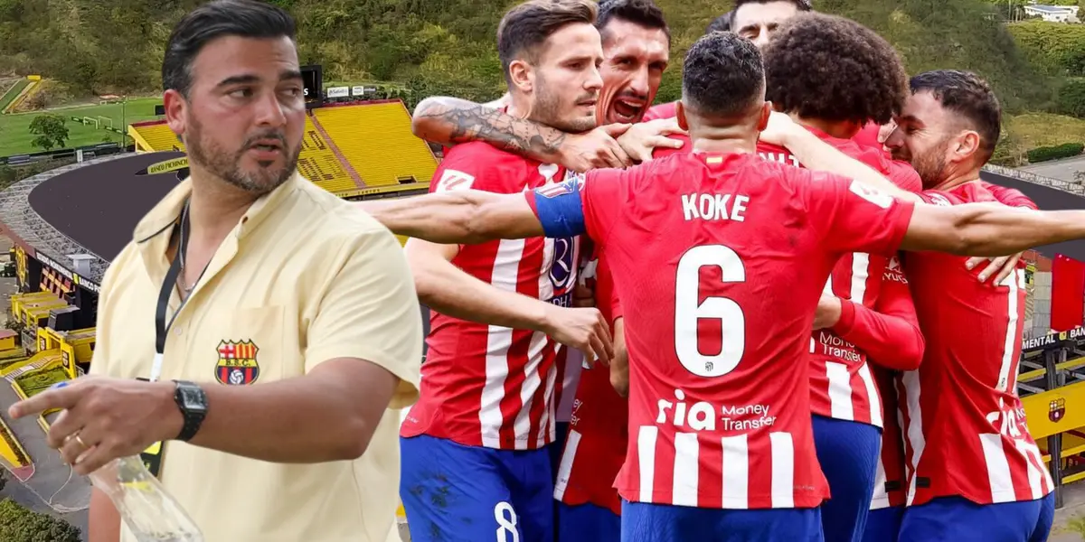 Antonio Álvarez y jugadores del Atlético de Madrid (Foto tomada de: Barcelona SC/Atlético de Madrid/API)