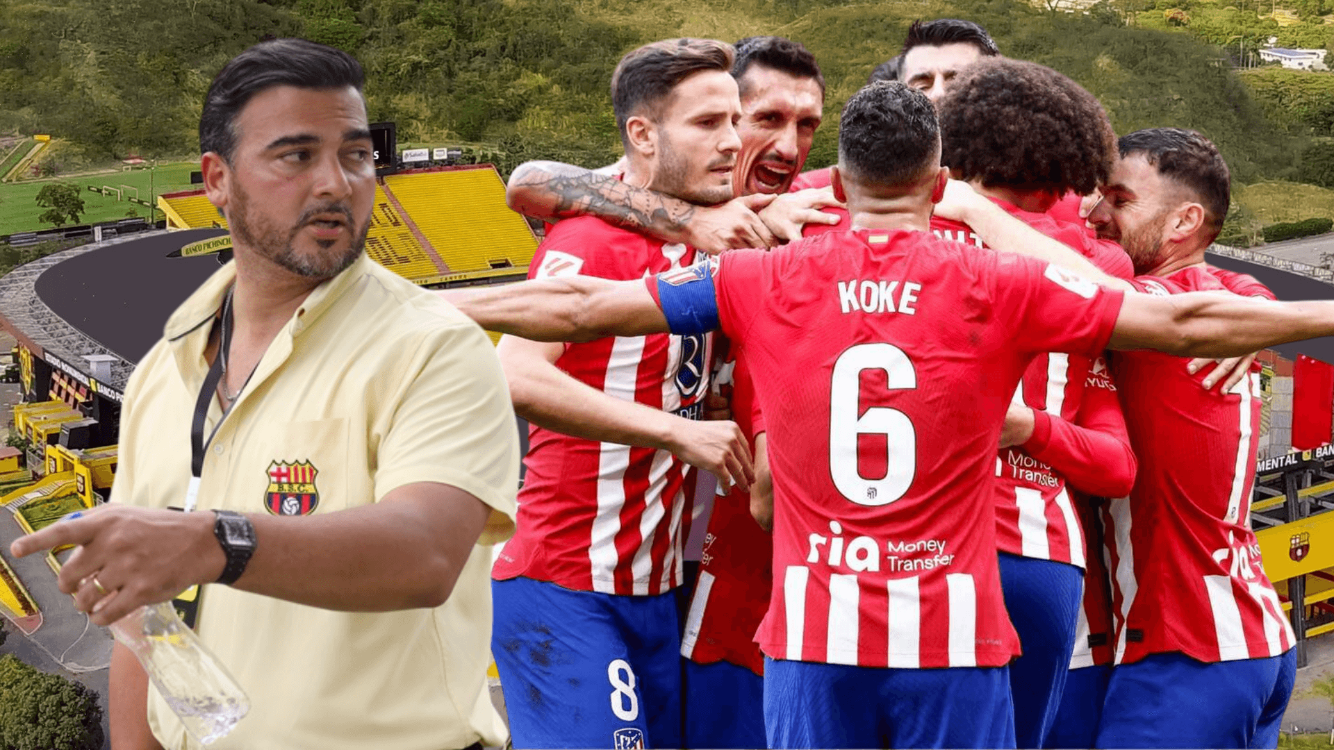 Antonio Álvarez y jugadores del Atlético de Madrid (Foto tomada de: Barcelona SC/Atlético de Madrid/API)