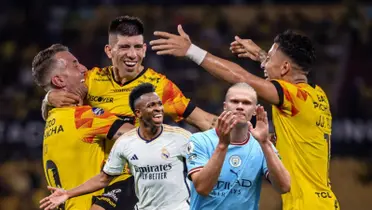 Barcelona SC celebrando, al lado jugadores del Real Madrid y Manchester City. FOTO: Facebook