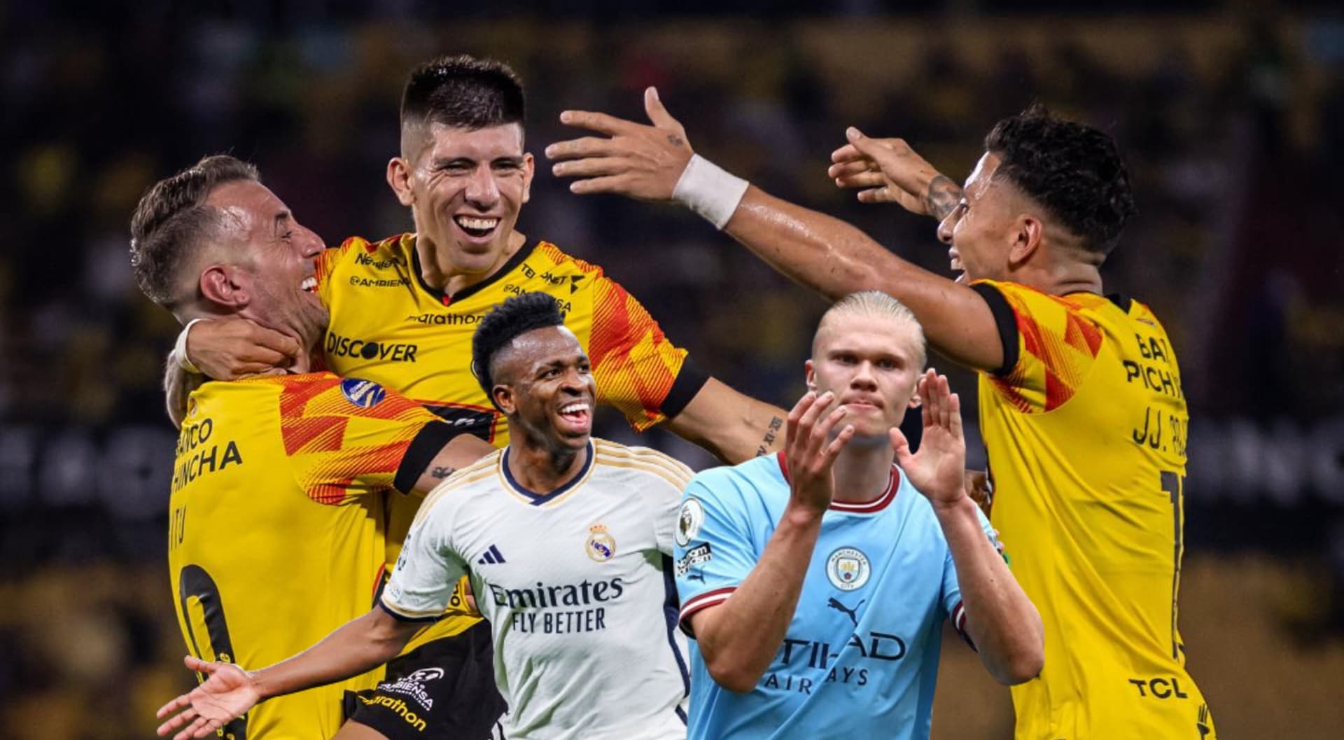Barcelona SC celebrando, al lado jugadores del Real Madrid y Manchester City. FOTO: Facebook