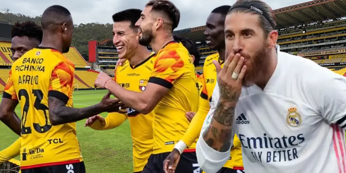 Jugadores de Barcelona SC y Sergio Ramos (Foto tomada de: Barcelona SC/API/El Español)