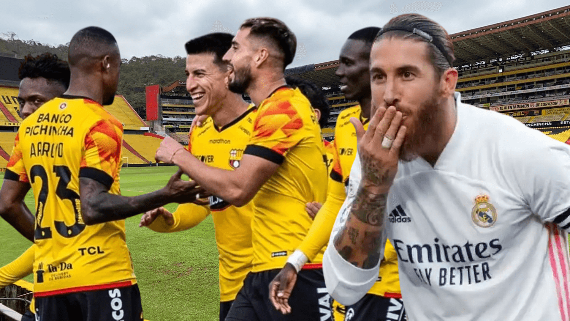 Jugadores de Barcelona SC y Sergio Ramos (Foto tomada de: Barcelona SC/API/El Español)